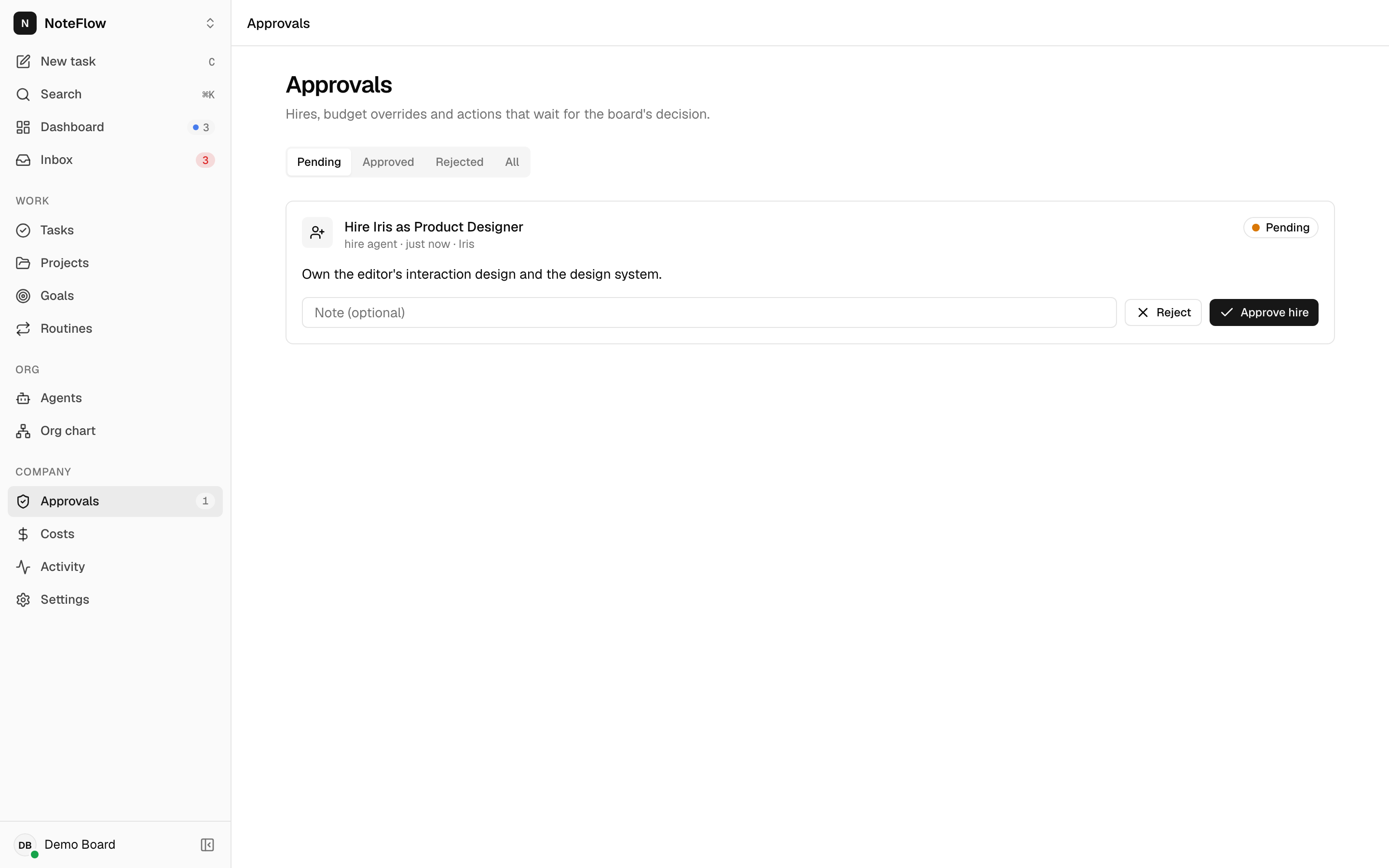 The Approvals screen on the Pending tab with one card, Hire Iris as Product Designer, showing her instructions, a note field, and Reject and Approve hire buttons
