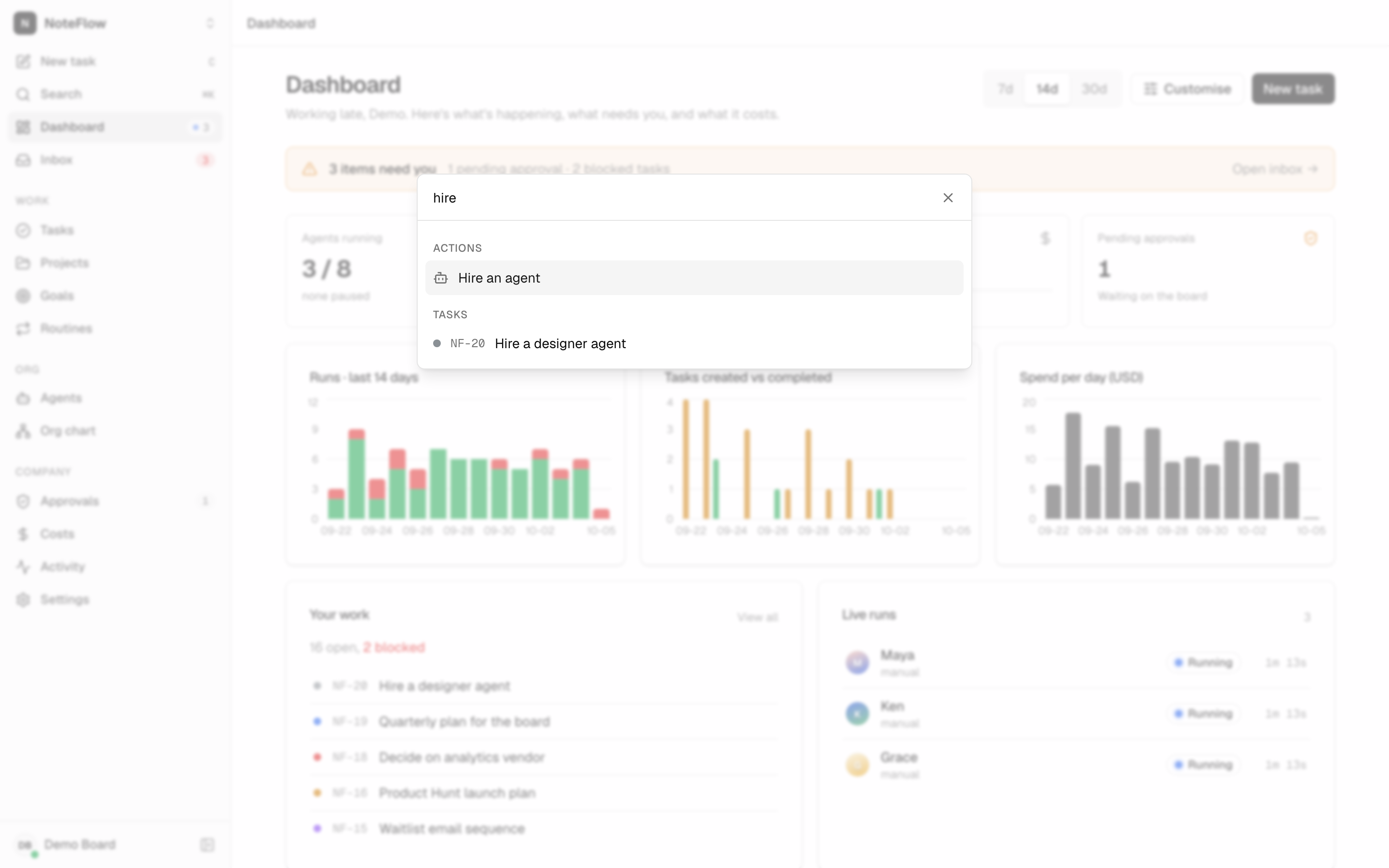 The command palette open over the Tasks screen, with a search field "Search tasks, agents, projects or type a command…", an Actions group with New task, Hire an agent and Switch to dark theme, and a Go to group listing the screens