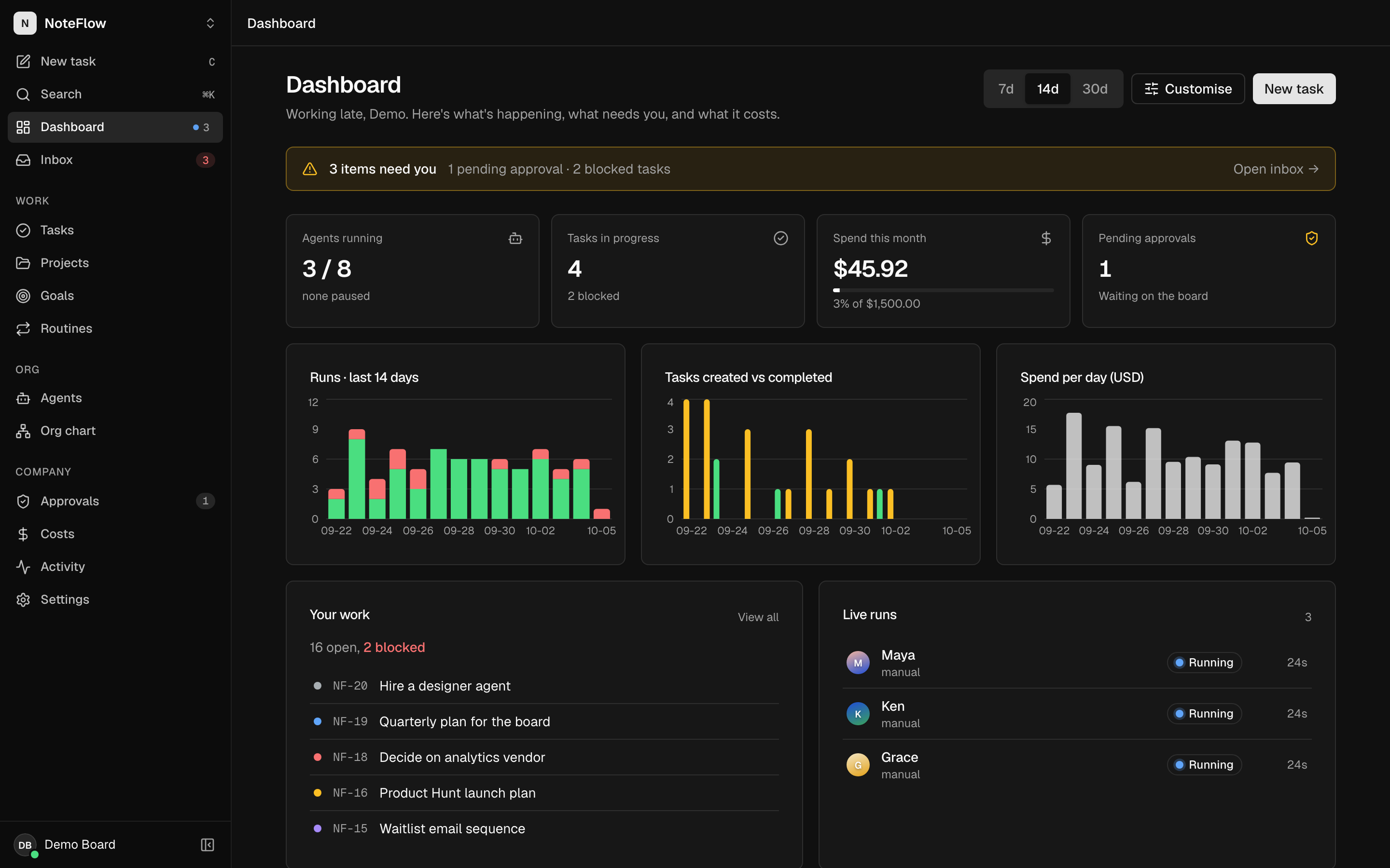 The NoteFlow dashboard in dark mode