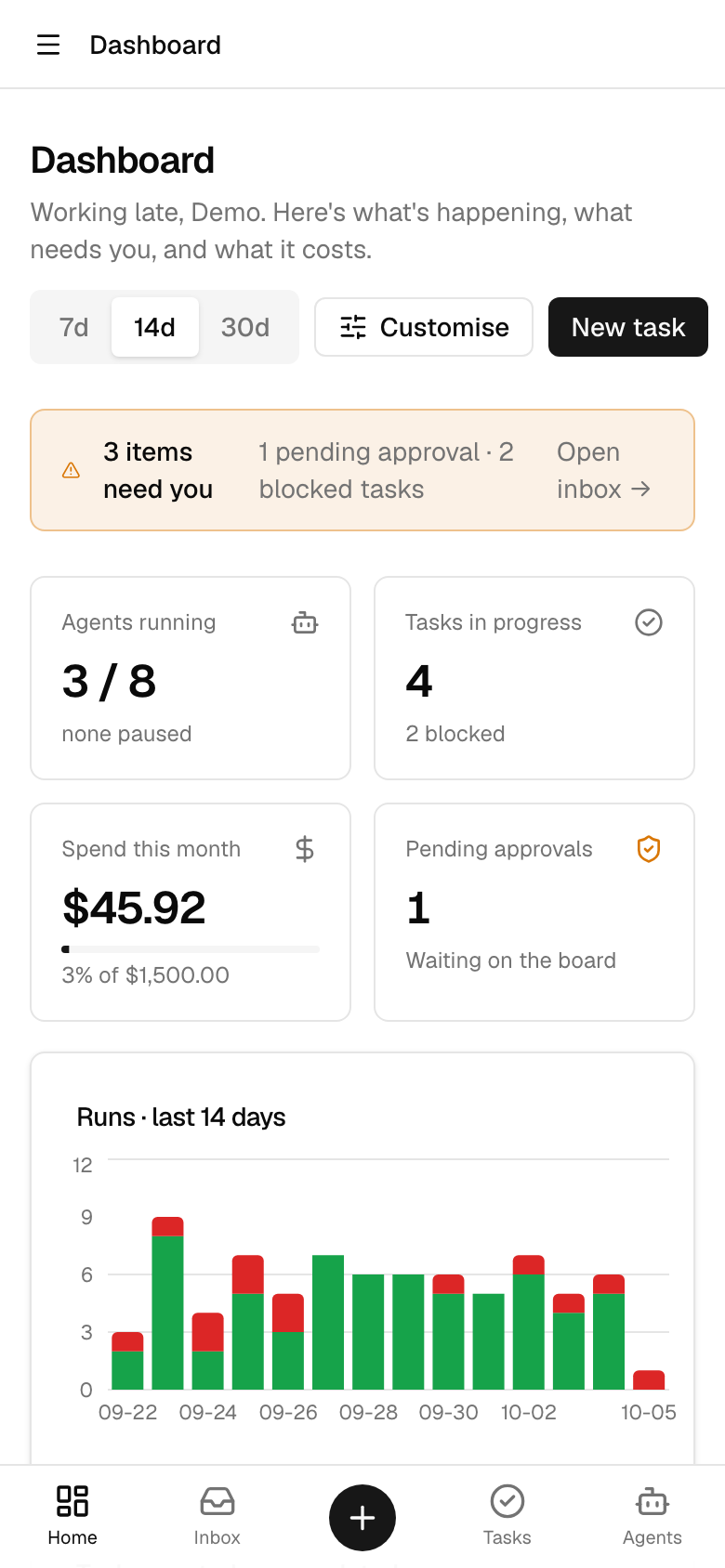 The NoteFlow dashboard on a phone, with cards stacked in one column and the bottom navigation bar