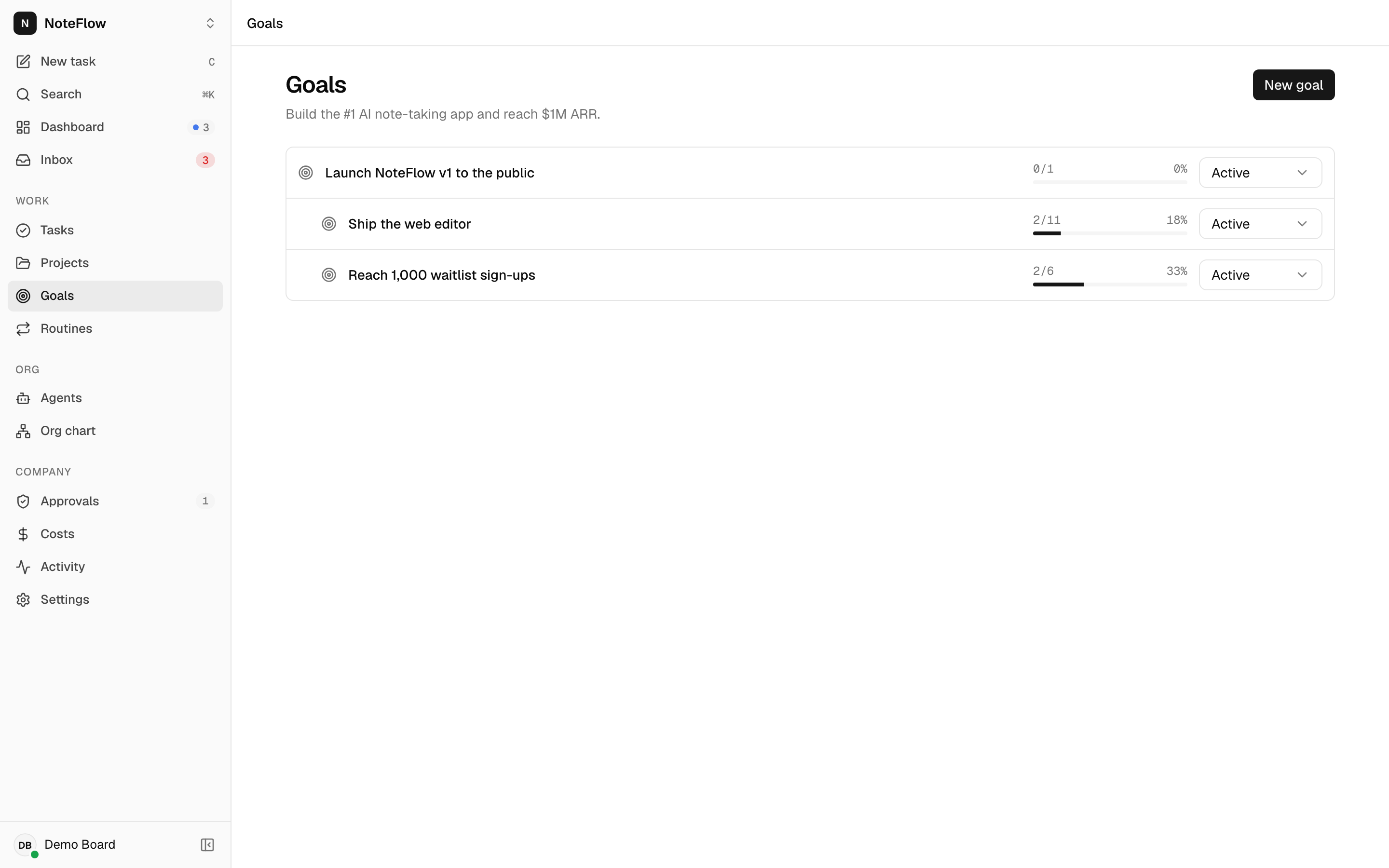 Goals page showing the goal tree with progress bars and a status selector on each goal