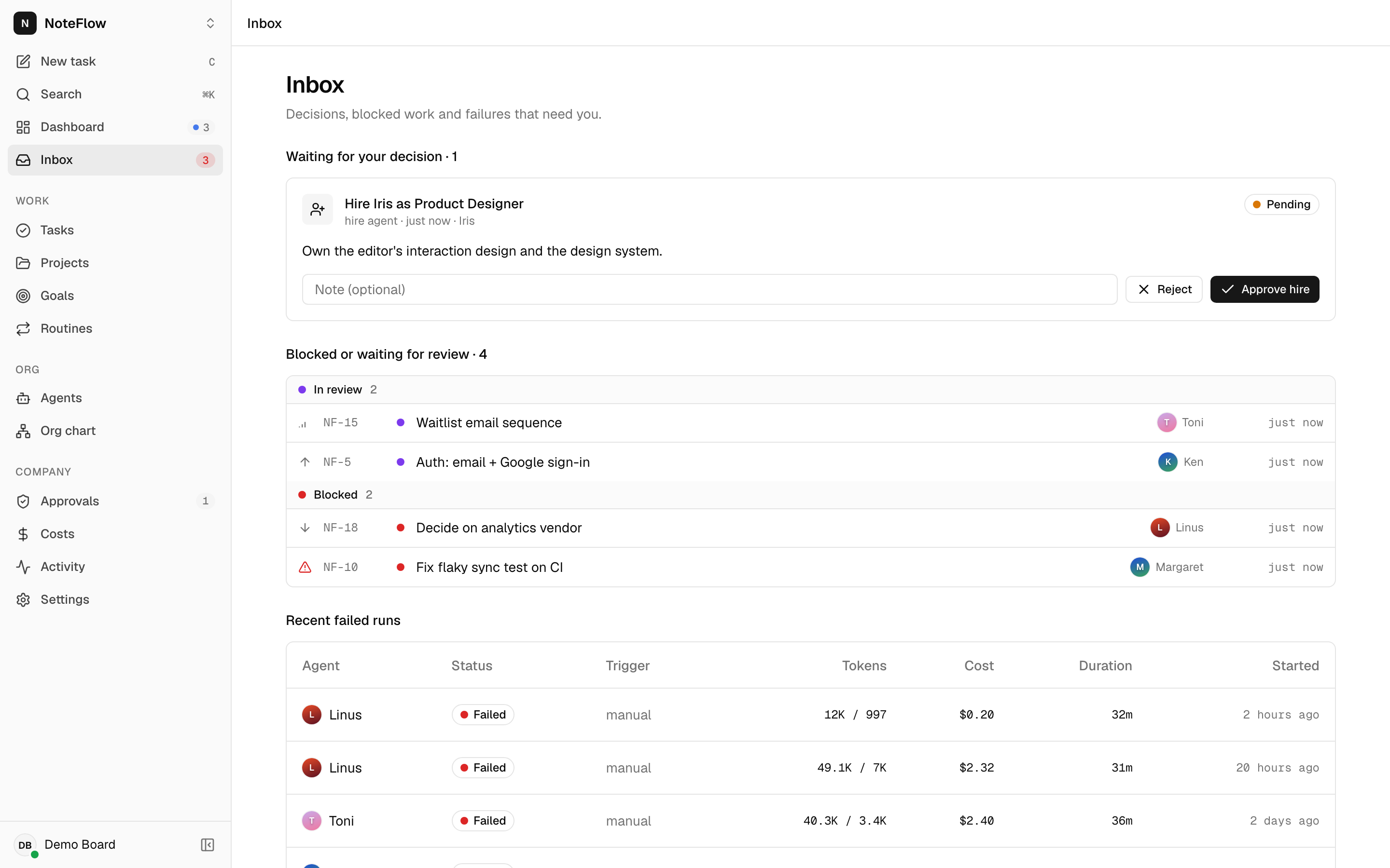 Inbox with approvals waiting for a decision, blocked and in-review tasks, and recent failed runs
