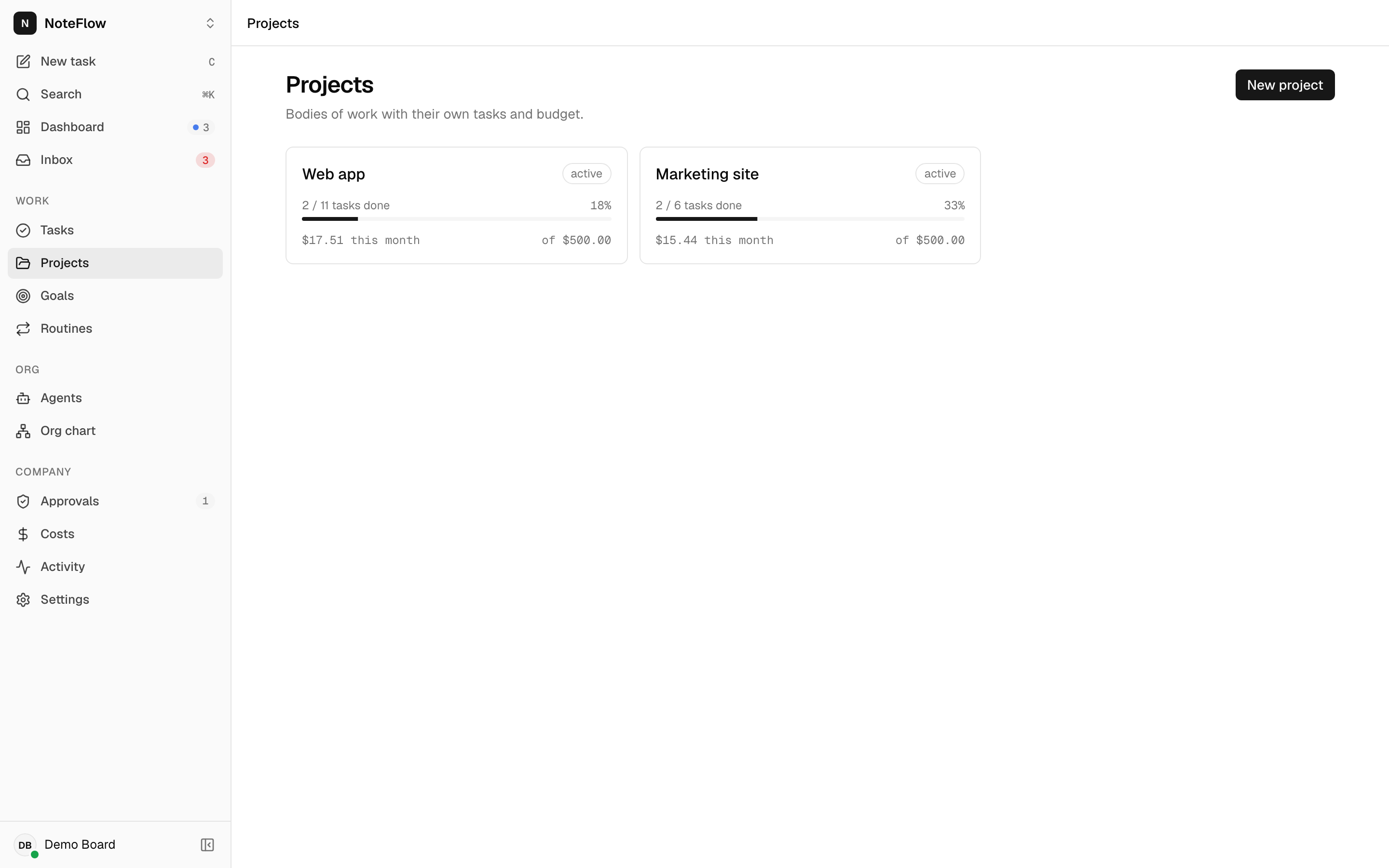Projects page listing Web app and Marketing site with task progress and spend against budget