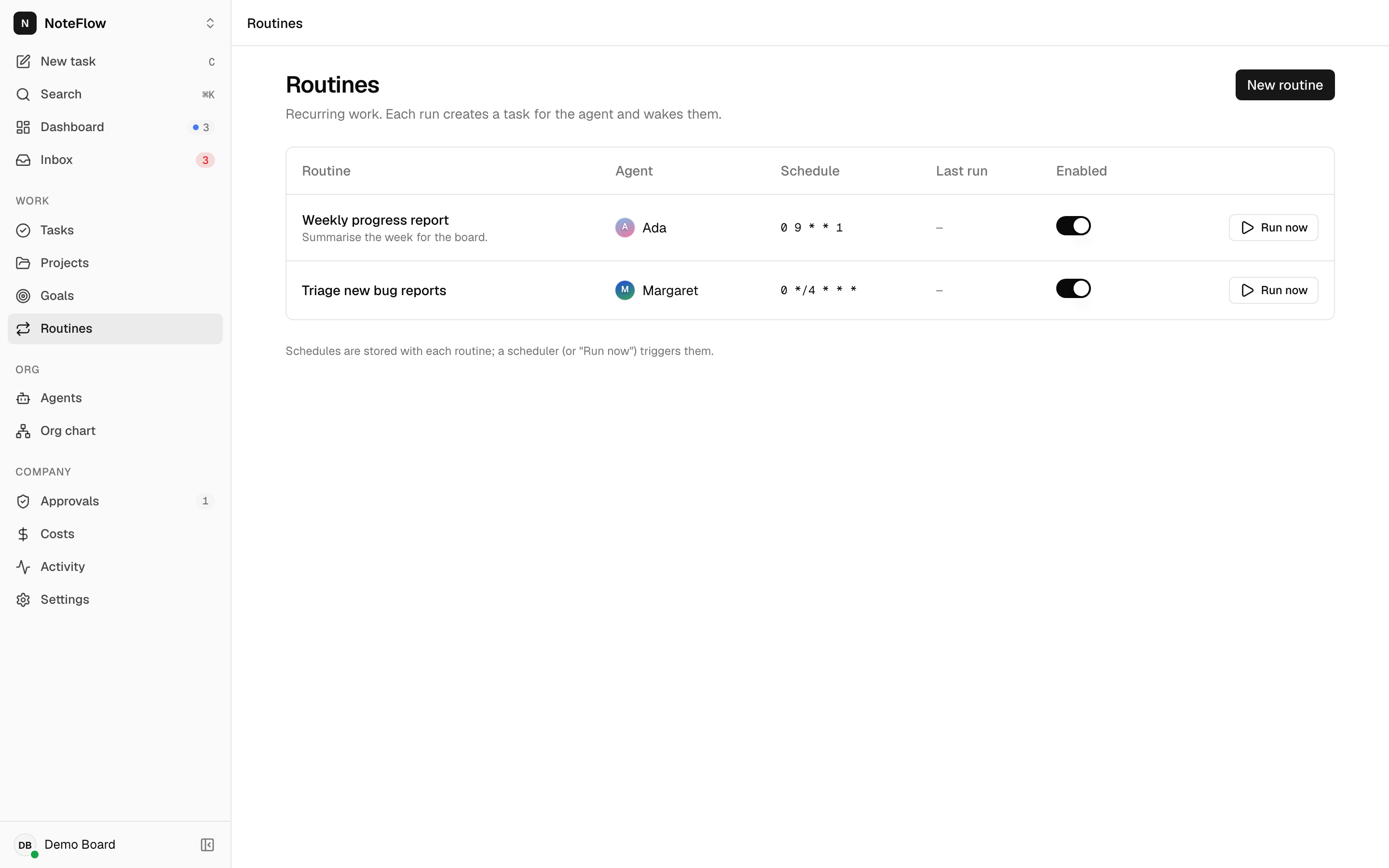 The Routines screen with the weekly CEO report and QA triage routines, their schedules and Run now buttons