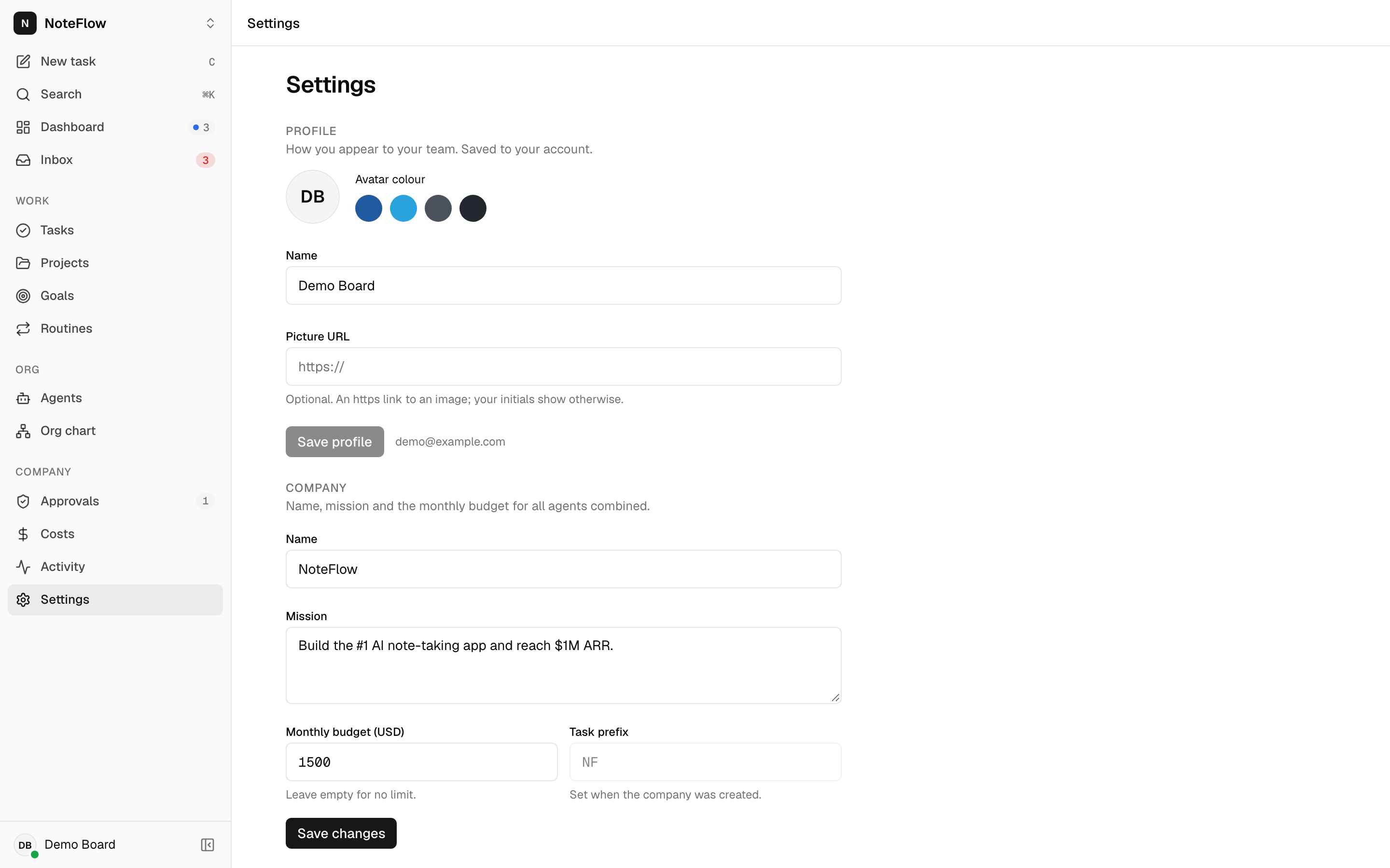 The Settings screen with your profile and the company name, mission, monthly budget and task prefix