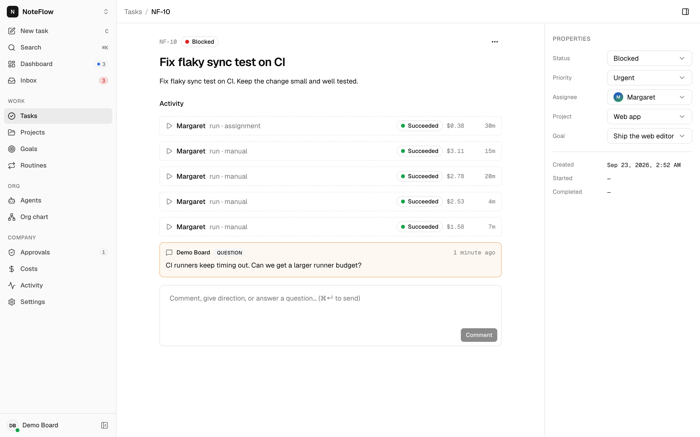 Task NF-10 with its description, status, priority and assignee fields, comment thread and runs