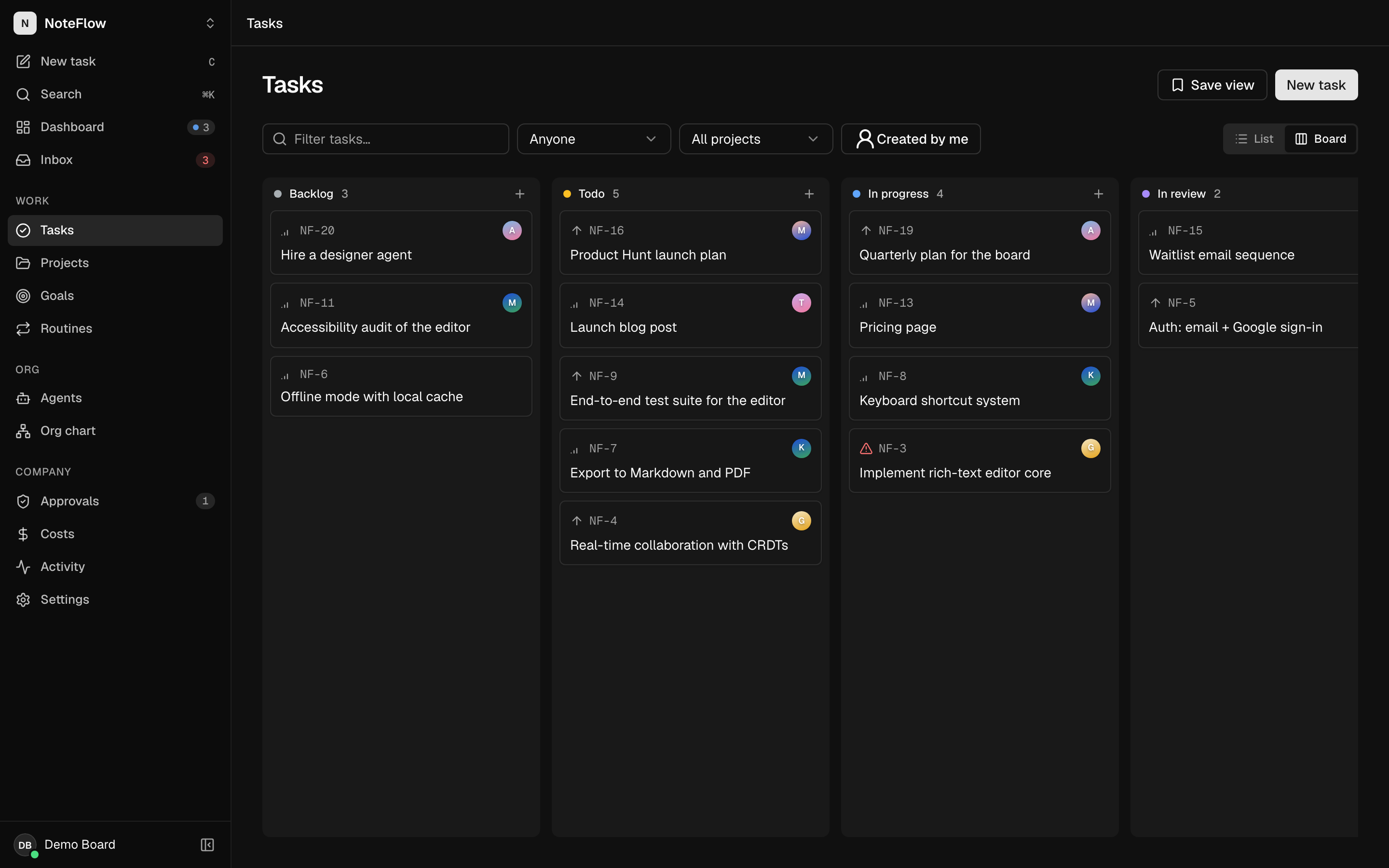 The Tasks board in dark mode